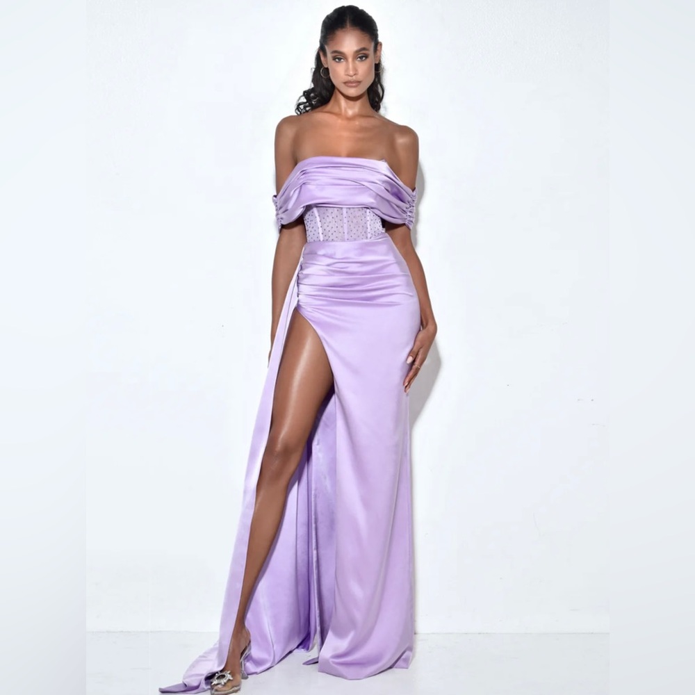 NEW! Miss Circle - Lilac Off Shoulder Crystallized Corset Satin Gown